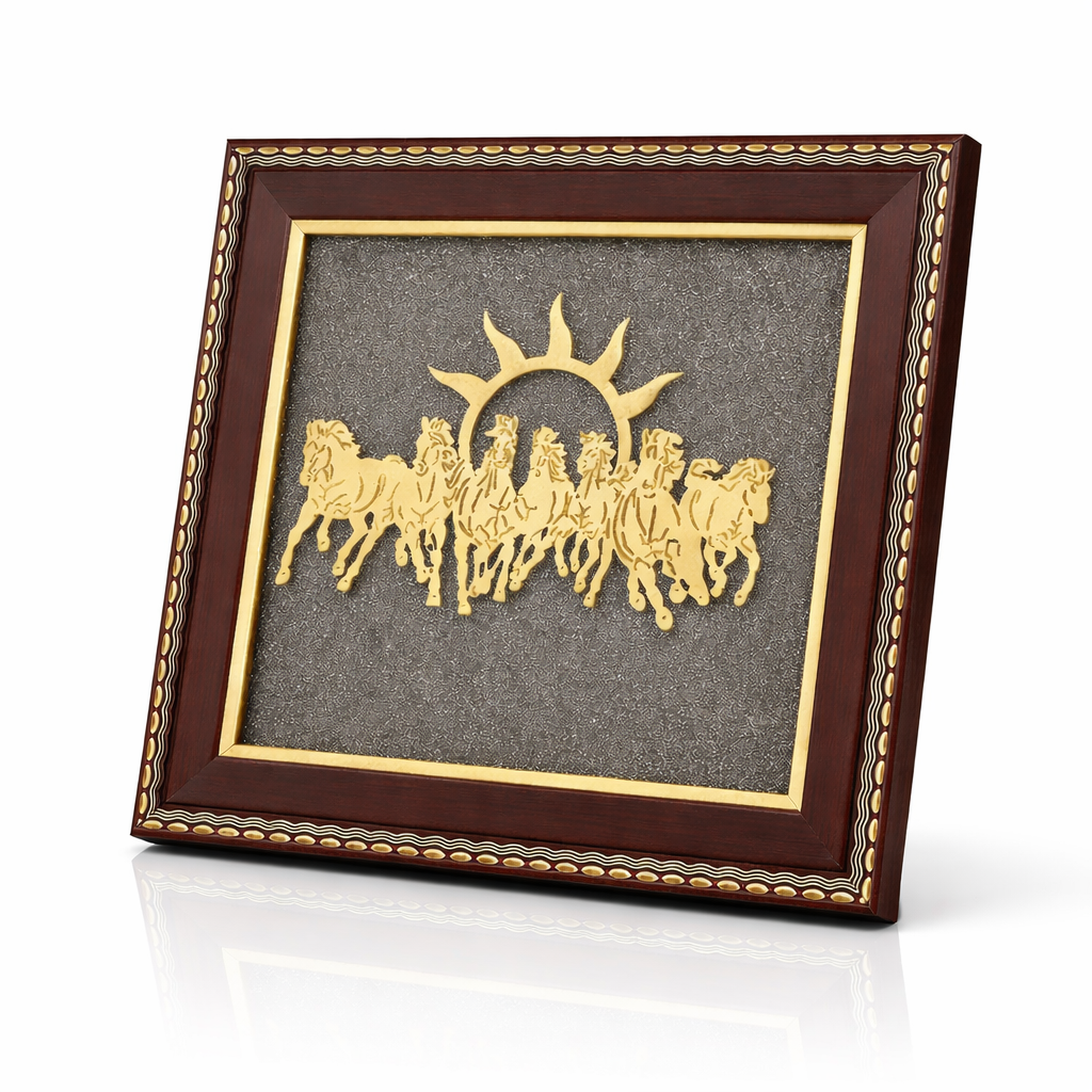Natural Pyrite 7 Horses Frame (7.5 × 7.5 Inches) | Wooden Base Vastu Wall Décor