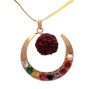 Navratan Moon Shape Pendant with Rudraksha