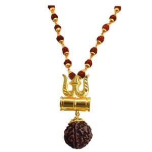 Natural Rudraksha Damru Trishul Locket with 5 Face Rudraksha Mala